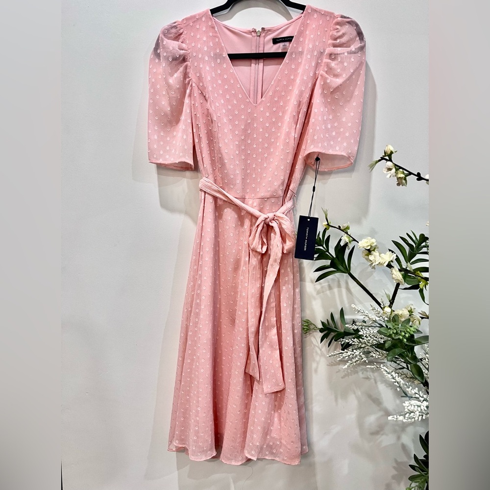 Tommy Hilfiger Women's Puff Sleeve V-Neck Tie Waist Chiffon Mini Dress - Picture 3 of 12